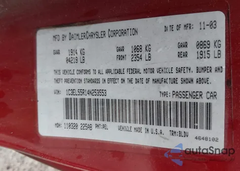 2004 Chrysler Sebring Lxi из США, поврежденный, VIN 1C3EL55R14N253553